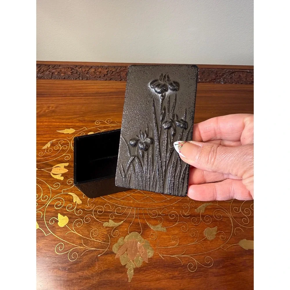 Vintage Cast‎ Iron Jewelry Box with Iris Relief Design